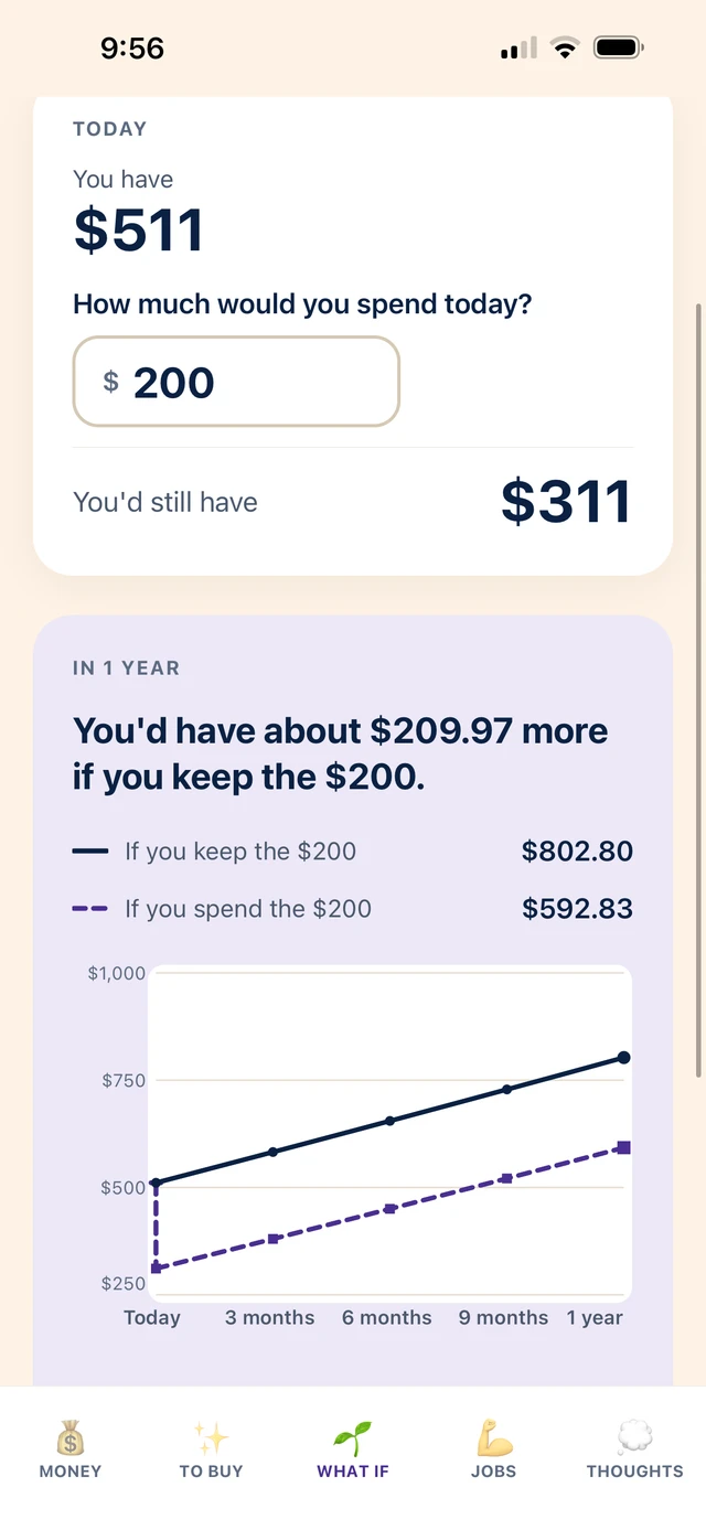 Peegu What If: Jasper tries spending $200 from his $511 balance. The screen compares keeping and spending over the next year.
